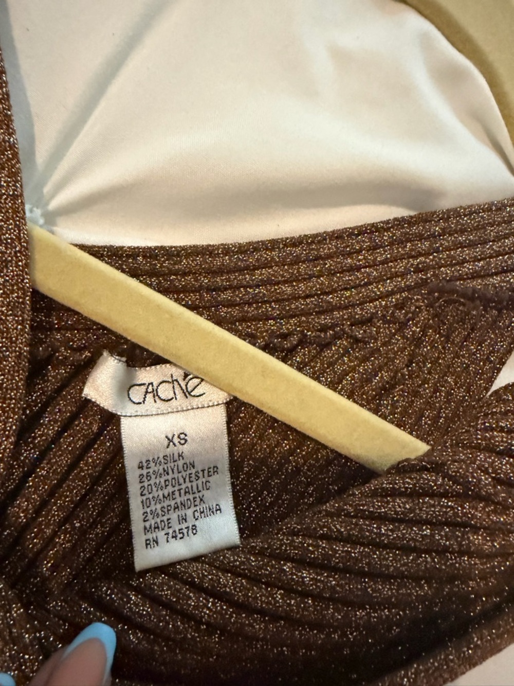 Cache Metallic Ribbed Brown One-Shoulder Top XS - Picture 3 of 4